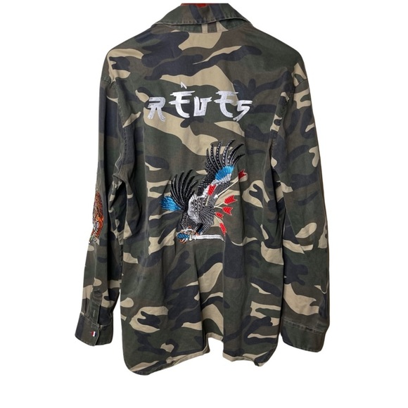 Reves men camouflage green button down jacket with embroidery tiger and eagle XL - Picture 2 of 10